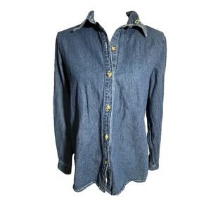 Vintage Blair Embroidered Floral Denim Cotton Button Collared Top Size Small